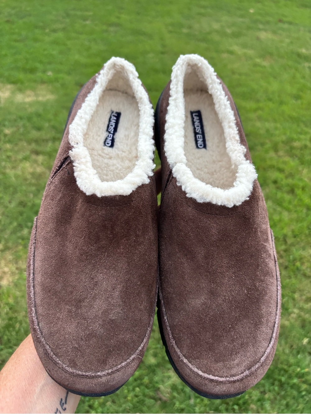 Lands' End Brown Suede Slip-On Loafers with Cream Sherpa Trim